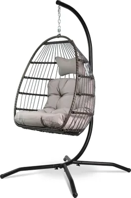 Produktbild von VITA5 Hängesessel mit Gestell - Bequemer Hängekorb Sessel zum Entspannen - Einzigartiger Hängesessel Indoor und Outdoor - Boho Egg Schaukel für Terrasse, Kinderzimmer, Leseecke - 150kg Tragkraft, Hellgrau