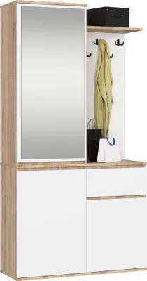 A hallway furniture set with a mirror, coat hooks, and storage cabinets.