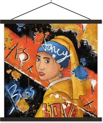 Produktbild von MuchoWow® Textilposter Das Mädchen mit dem Perlenohrring - Straßenkunst - Kunst 60x60 cm mit schwarzem Rahmen - Posteraufhänger