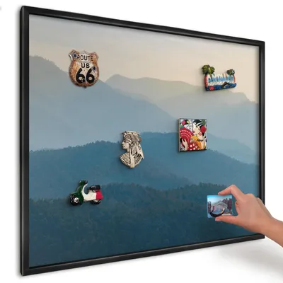 Produktbild von Magnettafel 80x60 cm mit schwarzem Rahmen - Magnetische Metalltafel, Magnetpinnwand zur Wandmontage für Wohnzimmer, Küche, Flur, Kinderzimmer und Büro - Bergblick