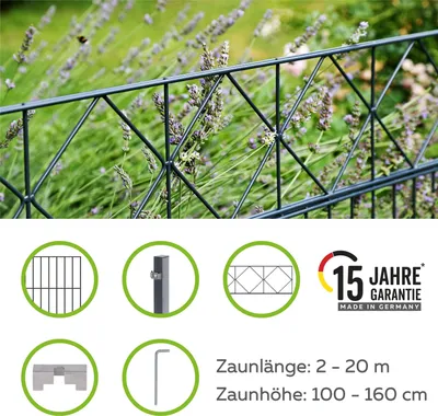 Image de Alberts 668754 Clôture à double barre "Bergen" comme set complet de clôture de 42 pièces, revêtu de matière synthétique, anthracite, hauteur 160 cm, longueur 16 m