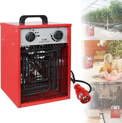 Obrázek produktu pro Elektrický topný ventilátor, 5 kW. Úsporné elektrické topení s 3 stupni výkonu. Profesionální průmyslové topné zařízení s ochranou proti přetížení, vhodné pro použití v interiéru i exteriéru (5000 W)