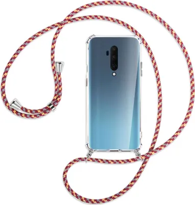 Produktbild von Handykette Backcover-Schutzhülle mit Band (Metall silberfarben) für OnePlus 7T Pro - weinrot/gelb/grau