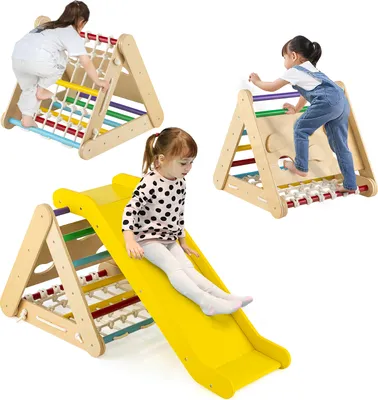 Produktbild von COSTWAY 4 in 1 Kletterdreieck mit Rutsche, Klettergerüst aus Holz, Sprossendreieck zum Rutschen und Klettern, für Kleinkinder ab 1 Jahre Bunt