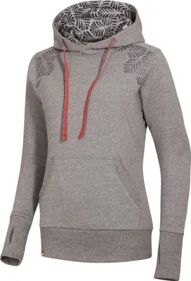 Grauer Hoodie für Frauen von Ocun mit Kapuze und roten Kordeln; geeignet für Freizeit und Sport.