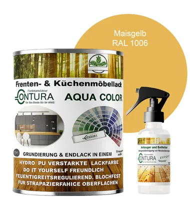 Produktbild von 750ml + Anlauger - Contura Küchenmöbellack RAL Möbellack SEIDENMATT SET Möbelfarbe Holzlack Buntlack Küchenlack - RAL 1006 Maisgelb