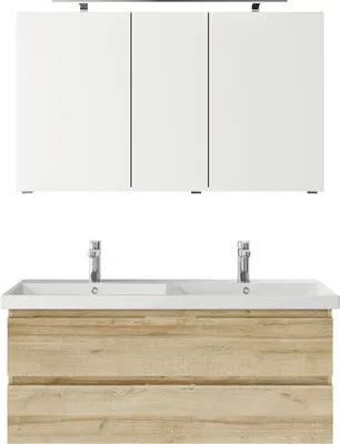 Produktbild von Pelipal Badmöbel-Set Serie 4035 BxHxT 120 x 200 x 45 cm Frontfarbe eiche riviera mit Keramik-Doppelwaschtisch weiß, Wasc