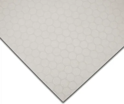 A sheet of light gray flooring with a subtle circular pattern, laid diagonally on a white background.