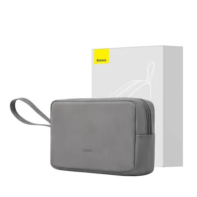 A gray travel pouch with a handle is shown in front of its packaging.