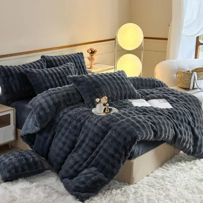 Obrázok produktu pre Obliečka na prikrývku 220x240 cm, sivá, plyšová, dlhosrstá, 3-dielna s zipsom a 2 vankúšovými obliečkami 80x80 cm