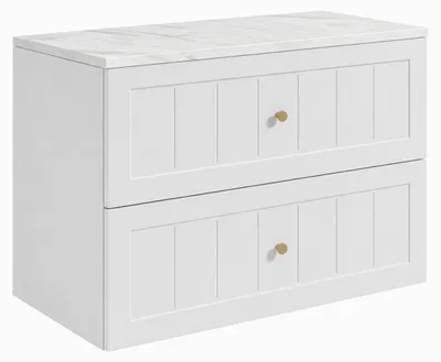 Immagine prodotto di Mobile bagno sospeso, 80 cm, con cassetti, struttura bianca e piano in marmo bianco, dimensioni 80 x 46 x 58,6 cm, Immagine generata dall'IA