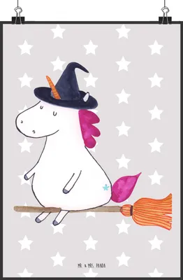 Produktbild von Mr. & Mrs. Panda Bild Einhorn Hexe DIN A2 - Grau Pastell - Geschenk, Plakat, Teufel, Wandbild, Kunstdruck, Design Poster, Leben, drucke, Engel, Unicorn, Frau, Einhörner