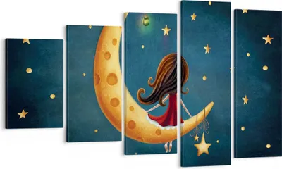 Produktbild von Bild auf Leinwand - Leinwandbild - 5 Teile - Kinder Mädchen Mond - 100x60cm - Wand Bild - Wanddeko - Wandbilder - Leinwanddruck - Bilder - Wanddekoration - Leinwand bilder - Wandbild - EG100x60-4683