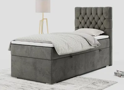 Produktbild von Einzelbett - Boxspringbett 90x200 mit Bettkasten und Matratzentopper - PERA 90 - rechts - Dunkelgrau - H3