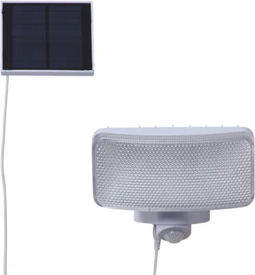 A solar-powered LED spotlight with a separate solar panel, shown against a white background.