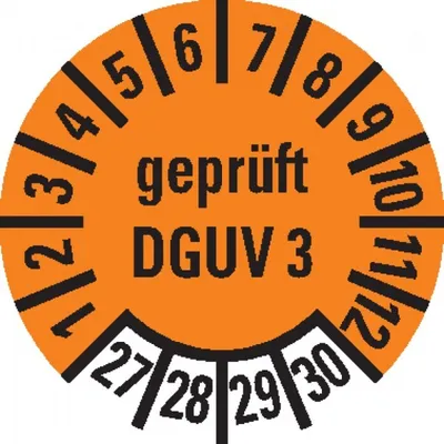 Produktbild von Dreifke® Prüfplakette ,gepr.DGUV Vorschrift 3,27-30,orange,Dokufolie,Ø10mm,10...
