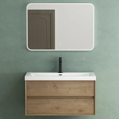 Produktbild von Mai & Mai Badmöbelset Badezimmermöbel Waschbeckenunterschrank 2 Schubladen mit Soft-Close inkl. Waschbecken und LED-Badspiegel Kerneiche 100 cm Rimo