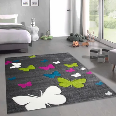 Immagine prodotto di Simpatico tappeto con farfalle per la cameretta dei bambini, colore grigio - Dimensioni: 200 x 290 cm