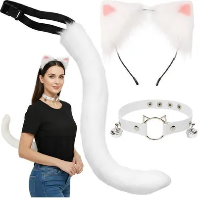 Produktbild von Katzen-/Fuchskostüm-Set - Schwanz, Ohren, Halsband, Weiß