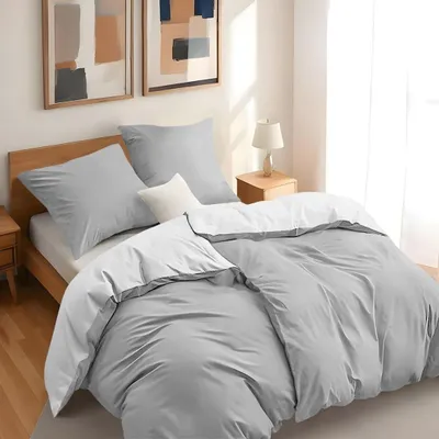 Productafbeelding van TRANKIELO® - 2 dekbedovertrekken 135x200 cm - 2 kussenslopen 80x80 cm - lichtgrijs/wit - 100% microvezel beddengoed set