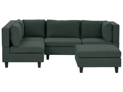 Produktbild von BELIANI 4-Sitzer Ecksofa Rechtsseitig Dunkelgrün Stoffbezug mit Ottomane Kissen Schwarze Beine Modular Modern Modulsofa Wohnlandschaft Wohnzimmer