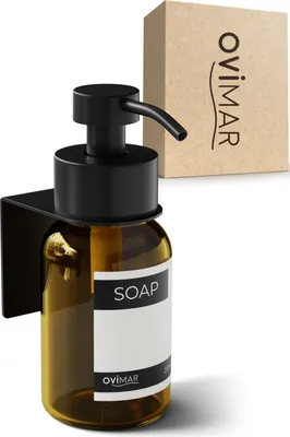 Produktbild von ovimar Glas Seifenspender Stord schwarz | Edelstahl Pumpkopf und Wandhalterung | ohne Bohren zum Kleben mit 3M | 250ml Braunglas Apothekerglas