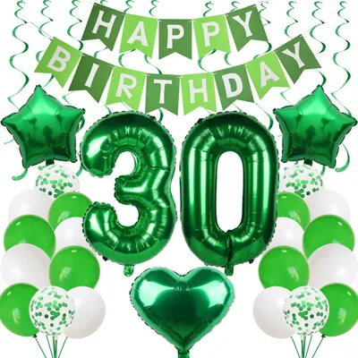 Productafbeelding van 30 ballonnen voor een 30e verjaardag, decoratieset: groene folieballonnen, latexballonnen, slinger, banner