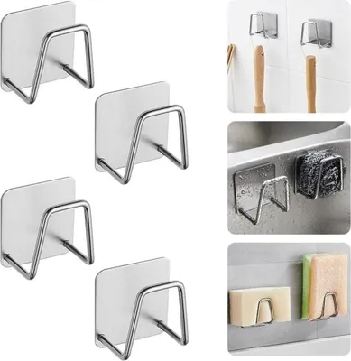 Obrázek produktu pro Samolepicí držák na houbičky z nerezové oceli (5 x 5 x 3,2 cm) do kuchyňského dřezu, háček, samolepicí, černý, háček z nerezové oceli na houbičky a kartáče na mytí nádobí
