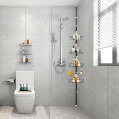 Produktbild von PromoHome® Verstellbares Duschregal – Schwarzes Teleskop-Badregal, 41 x 31 x 9 cm, RVS