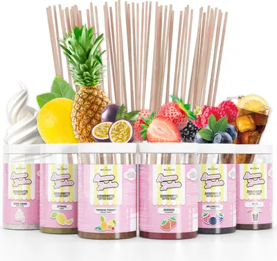 Produktbild von Belissia Aroma Zucker - Partyset - 6x250 g Aromatisierter Zucker für Zuckerwatte, Backen, Desserts, Slush & mehr - Farbig, Intensiv, Vielseitig