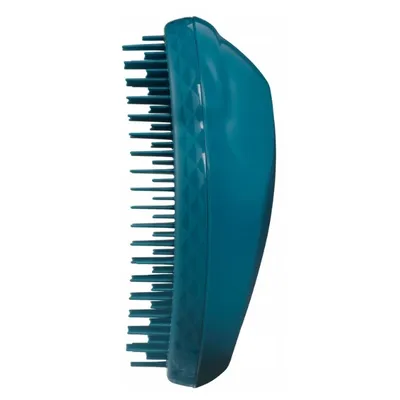 A teal hairbrush shown from the side against a white background.