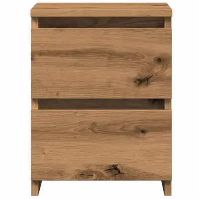 A front view of a wooden nightstand with two drawers.