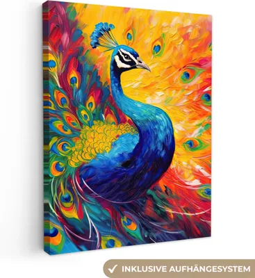 Obrázok produktu pre MuchoWow® - Plátno - Páv - Umenie - Maľba - Pávie perá, nástenná maľba, nástenné dekorácie, obývacia izba, 60x80cm