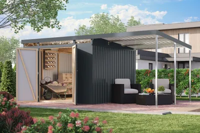 Produktbild von Gartenhaus Metall Metallgerätehaus Metallgartenhaus IRIDIUM 3,5 Metallhaus anthrazit 497x292x213 cm