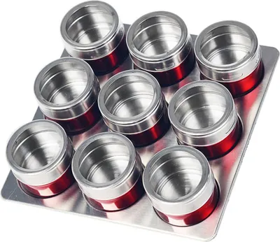 Obrázek produktu pro 10dílná sada kovových nádob na koření z nerezové oceli stojan na koření sůl pepř kuchyňská nádoba na koření červená