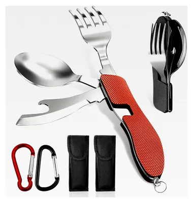 Produktbild von 2er-Pack Klappbesteck für Camping, Edelstahl 4-in-1 Feldbesteck mit Flaschenöffner, Messer, Gabel und Löffel