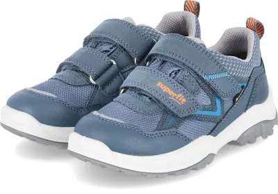 A pair of blue children's shoes with orange accents and white soles, presented on a white background.