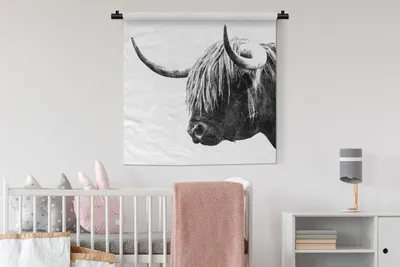 Produktbild von MuchoWow® Wandteppich Wandbehang Schottisches Hochlandrind - Horn - Schwarz - Weiß 90x90 cm Tapisserie Dekoration Wandtuch - Wandaufhänger