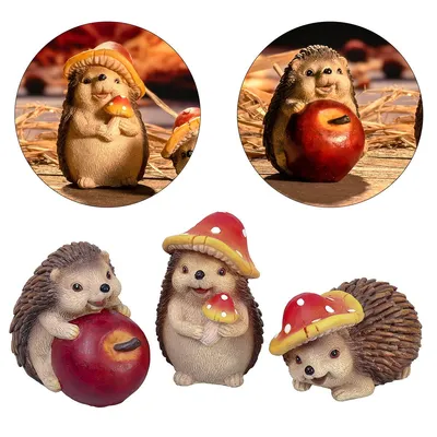 Produktbild von Herbstdeko Igel Figuren Set – 3 Stück Kunstharz-Igel mit Apfel & Pilz, niedliche Gartendeko & Hausdekoration, Geschenkidee für Erntedankfest