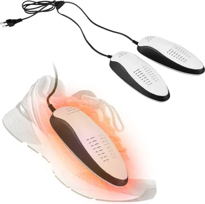 A pair of shoe dryers is shown, with one dryer inserted into a shoe, emitting a red glow.