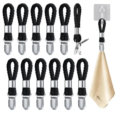 Produktbild von Aufhänger für Handtücher, 12 Stück Handtuchklammern, Handtuchclips mit Schlaufen, Metall Handtuchaufhänger Ohne Nähen für Haushalt Küche Badezimmer Balkon Schränke und Mehr (Schwarz)