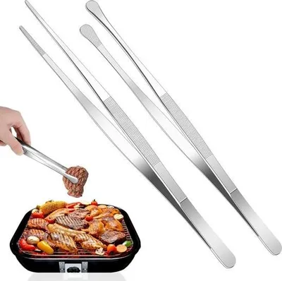 Productafbeelding van Lange kooktang van roestvrij staal, 2 stuks, precisiekooktang voor de keuken, rechte, ronde kop, kooktang, professionele kooktang voor zeevruchten en gegrild vlees, 30 cm
