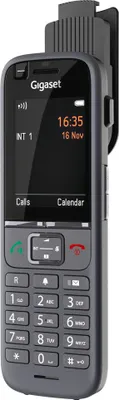 A Gigaset S700H PRO cordless phone with a belt clip attached to the top.