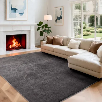 Produktbild von Teppich 140x200 cm, dunkelgrau, Kurzflor, waschbar, rutschfest, für Wohnzimmer