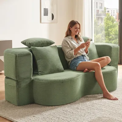 Produktbild von Cord Schlafsofa 2 Sitzer, modulares Bodensofa mit Schlaffunktion und Kissen