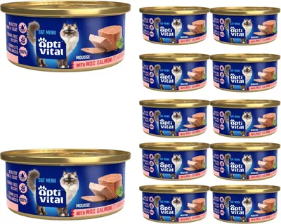 Zdjęcie produktu dla OptiVital Mokra Karma dla Kota Puszysty Mus z Łososiem MSC Mini Puszka 85 g X12