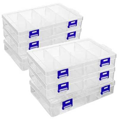 Obrázok produktu pre 6 kusov triediacich boxov na malé diely – plastové úložné boxy s 8 nastaviteľnými priehradkami (20 x 13,5 x 4,5 cm)