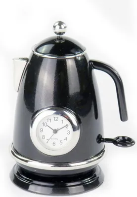 Produktbild von Designer Tischuhr Teekanne aus Metall Schwarz