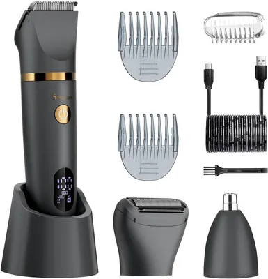 Produktbild von Herren Intimrasierer 3-in-1, Körper- & Barttrimmer, Nasenhaartrimmer, Wet & Dry, LCD-Display, wasserdichter Folienrasierer für Intimbereich & Körper