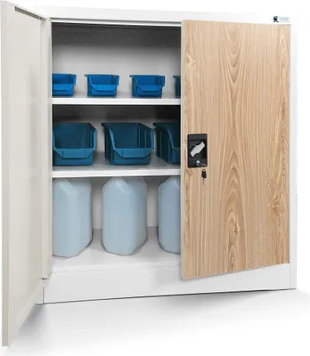 An open metal cabinet with shelves containing blue storage bins and large plastic containers.